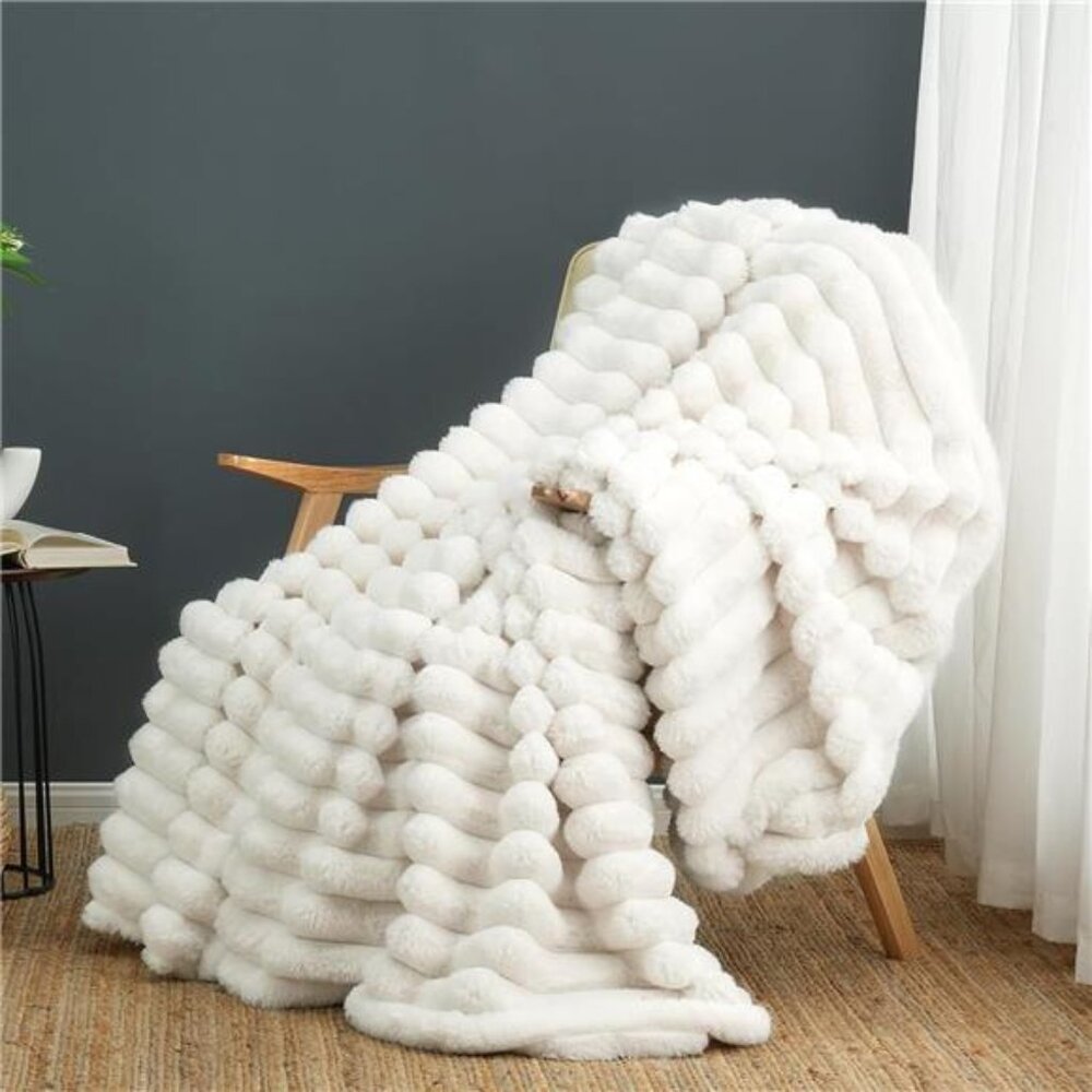 Cozy Faux Fur Throw Blanket Plush Soft Warm Striped Blanket Couch Sofa Bedroom